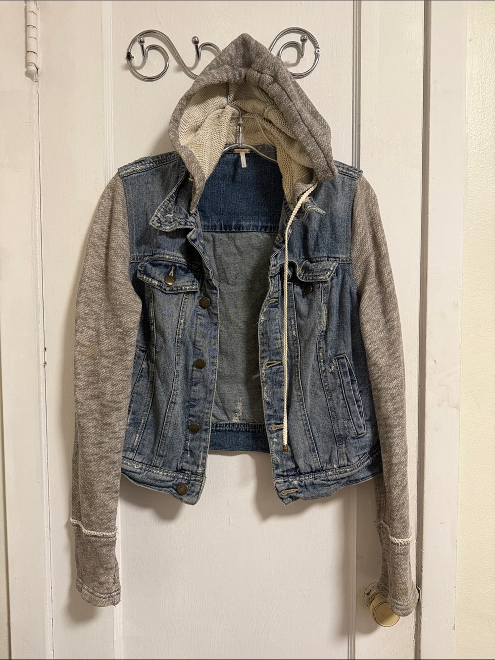 Free People Blue Denim Jacket with Gray Knit Hood and Sleeves